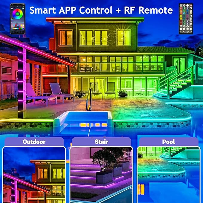 AILBTON 400FT Outdoor LED Strip Lights Waterproof,IP68 Outside Led Light Strips Waterproof with Bluetooth App Remote Control,Music Sync RGB Exterior Led Rope Lights,for Balcony,Deck,Roof,Garden,Pool