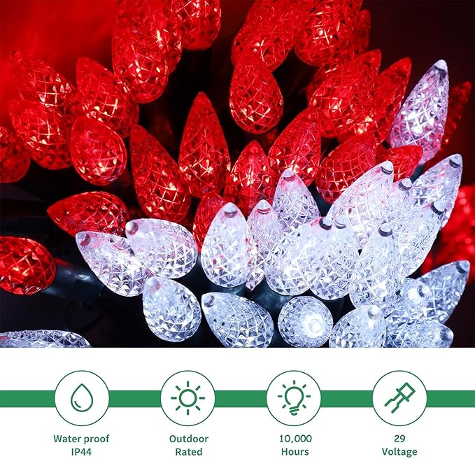 WATERGLIDE C6 Christmas Lights, 100 LED 33ft Faceted Fairy Lights Green Wire String Lights with Safe Adaptor, 8 Lighting Mode, Waterproof for Indoor Outdoor Patio Xmas Tree Party Decor, White & Red