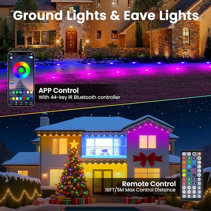 Outdoor Ground Lights 150 FT, Permanent Outdoor Lights for House with RGB Color Changing, Bluetooth Music Sync, IP67 Waterproof, Timer for Eaves and Landscape Lighting