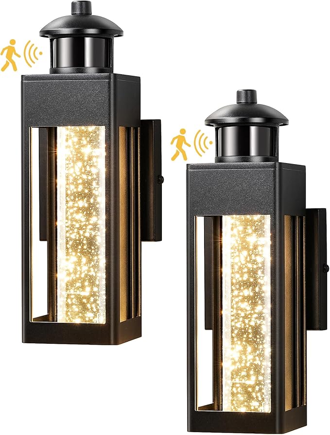 EDISHINE 2 Pack Modern Exterior Lighting Fixtures, LED Outdoor Light Fixtures Wall Mount, with Motion & Photocell Sensor, Crystal Bubble Glass, 3000K, Front Porch Light for House, Garage