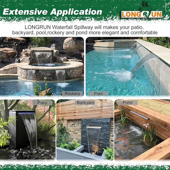 LONGRUN Stainless Steel Waterfall Spillway, APP Control Multi-Color LED Light Outdoor Pool Fountain, Water Spillway Koi Pond Waterfalls Fountains Kit for Garden Patio Swimming Pool Decoration-23.6"