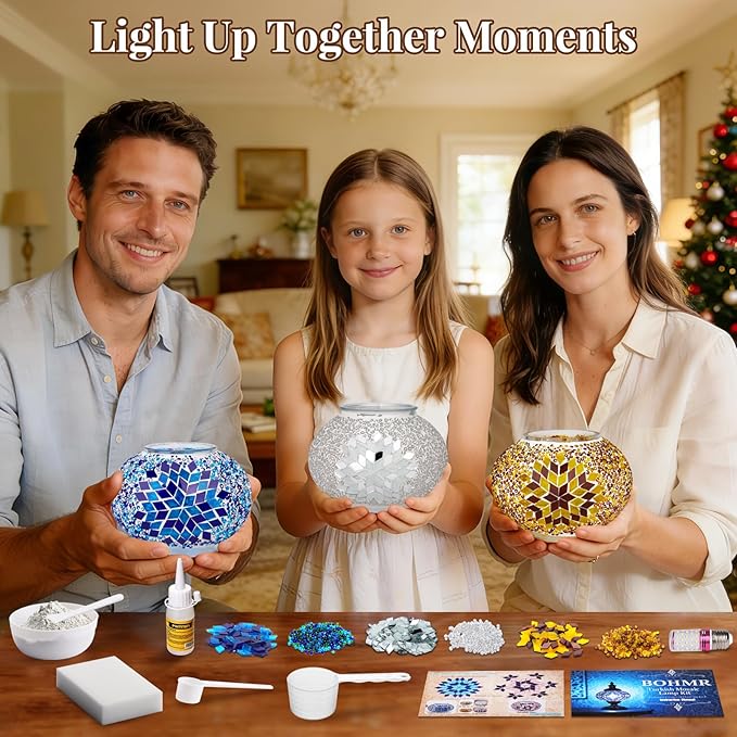 DIY Turkish Mosaic Lamp Kit, Stained Glass Table Lamp Making Kit- Easy and Fun, No Experience Needed, Mosaic Art & Craft Project Kits for Adults & Teens, Make Your Own Table Lamp,White