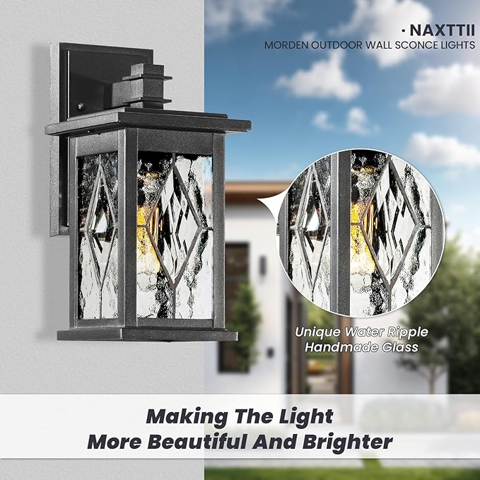 Outdoor Wall Sconce Light Matte Black Water Ripple Handmade Glass Shade Waterproof Outdoor Porch Light Wall Mount Aluminum Exterior Wall Light Fixtures