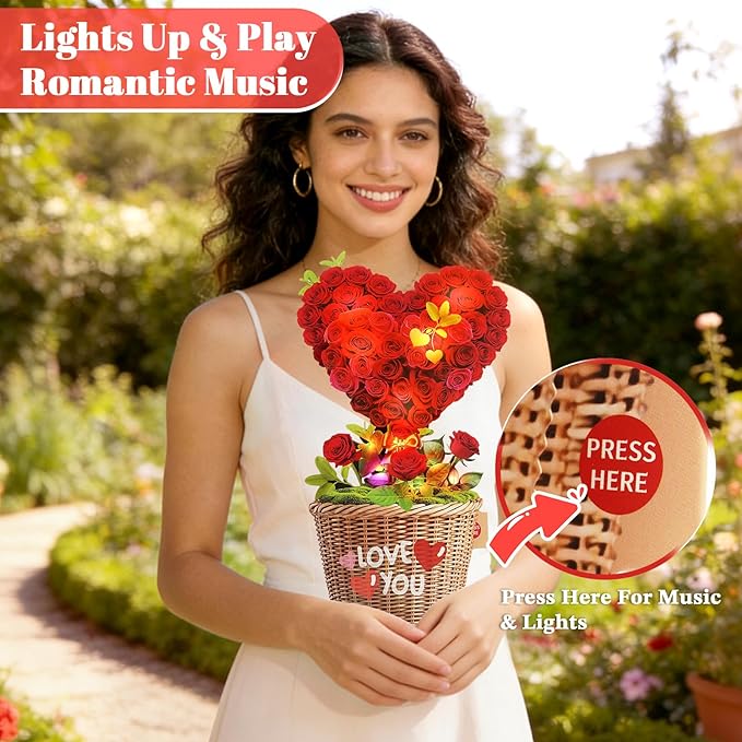 Birthday Cards with MUSIC & LIGHTS, 3D Pop Up Mothers Day Card & Anniversary Card, Love Tree Hearts, 10 Inch Life Sized Forever Bouquet Mothers Day Gifts for Her Women Wife Mom