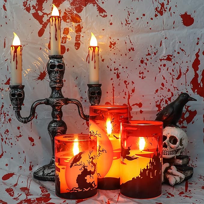 DRomance Witch Glass Flameless Candles with Remote and Timer, Battery Operated Realistic 3D Wick Flickering Real Wax LED Candles Halloween Window Table Holiday Dinner Decor Gifts(3 x 4,5,6 Inches)