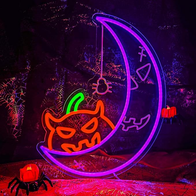 Halloween Pumpkin Moon Window Lights Decorations Indoor, Pumpkin&Moon Themed Neon Sign Decor LED Neon Lights for Wall Decor, Decorating Windows, Doors, Party (Purple)