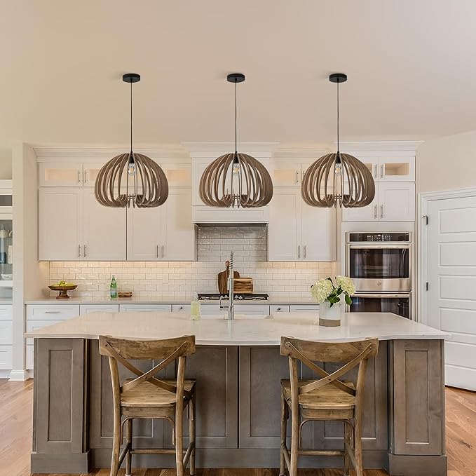 Vintage Wood Pendant Light Fixtures, Modern Farmhouse Walnut Dining Room Chandelier, Mid-Century Ceiling Mount Hanging Light Fixture for Kitchen, Bedroom, Living Room, Foyer, Art Decor, Black