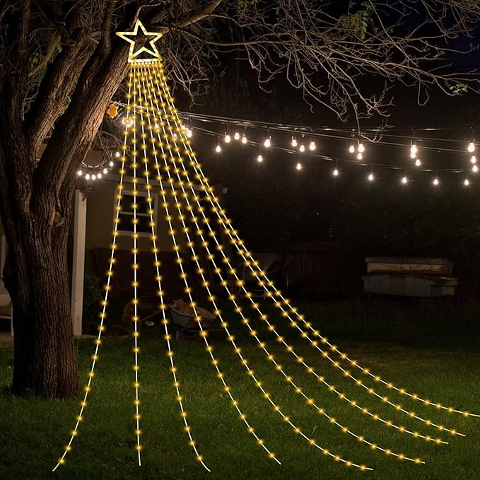 ZTX Christmas Decorations Outdoor Star Lights,320 LED 11Ft Christmas Tree Toppers Lihgts with Remote,11 Lighting Modes Waterfall Star String Light for Wedding,Halloween Party (Color Change)