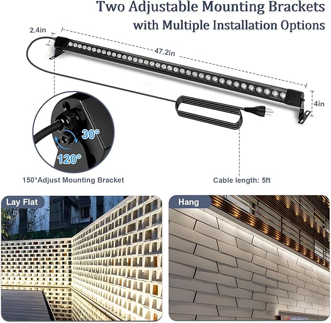 72W LED Wall Washer Light Bar, 4FT 5000K Daylight Cool White Wall Washer Lights, 3850lm IP67 Waterproof for Outdoor, Plug in, 2 Pack