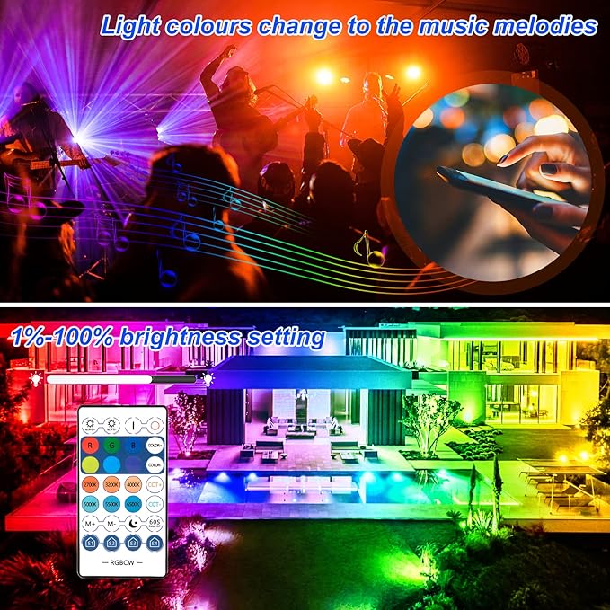 RGB LED Flood Light Outdoor 1000W Equivalent, 100W Bluetooth RGBCW Smart Floodlights 2700K, 16 Million Color Changing, Timing, Music Sync, IP66 Waterproof Landscape Light with US Plug (2 Pack)