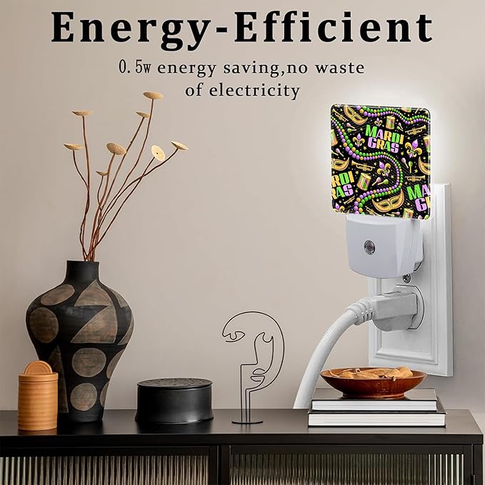 Happy Mardi Gras Night Light, Carnival Fleur De Lis Mask Beads Dusk to Dawn Night Light Plug in, 0.5w Energy Saving Sleep Friendly Nightlights for Kids Boys Girls Home Decor