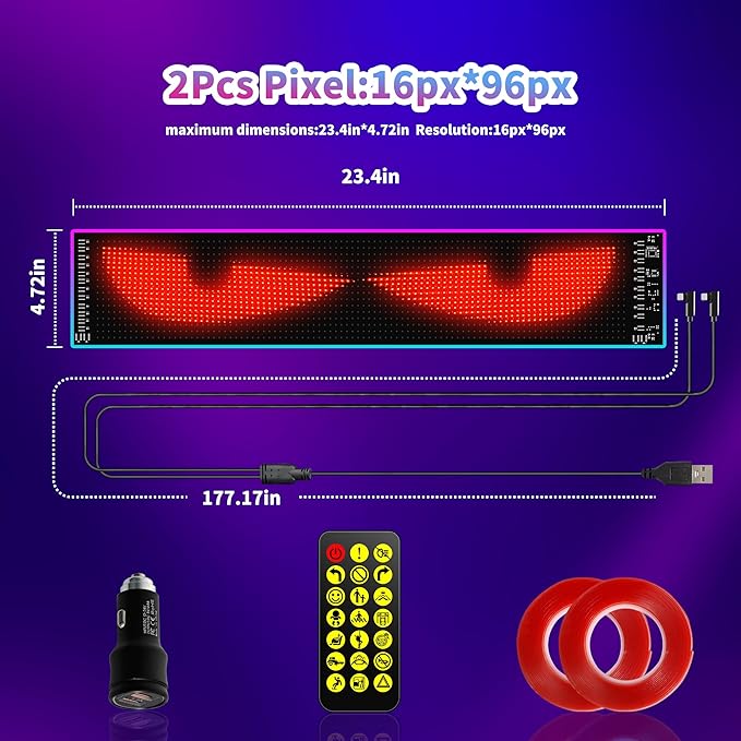 2PC Devil Eyes LED Lights for Car/Truck/SUV Windshield - 23.6"x4.71", App Control, IP68 Waterproof, USB-Powered