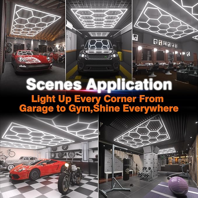 Hexagon Garage Lights : 3 Level Dimmable 14 Grids Hexagon LED Lights with Rectangle Frame - 6500K Super Bright Hex Light for Garage, Warehouse, Car Detailing Shop, Exhibition Hall, Gym