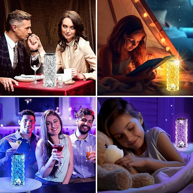 Crystal Table Lamp, Remote and Touch Control Rose Wave Lamp, RGB Color Changing Night Light, Dimmable, USB Rechargeable Decoration Ambient Lighting for Dinner/Bars/Game room/Living Room/Bedroom
