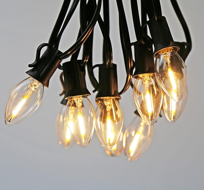 C7 LED Night Light Bulbs 0.6W Equivalent to 7W C7 Candelabra LED Filament Light Bulbs E12 Candelabra Base Lamp Clear Plastic Soft White 2700K Outdoor String Lights 25 Pack