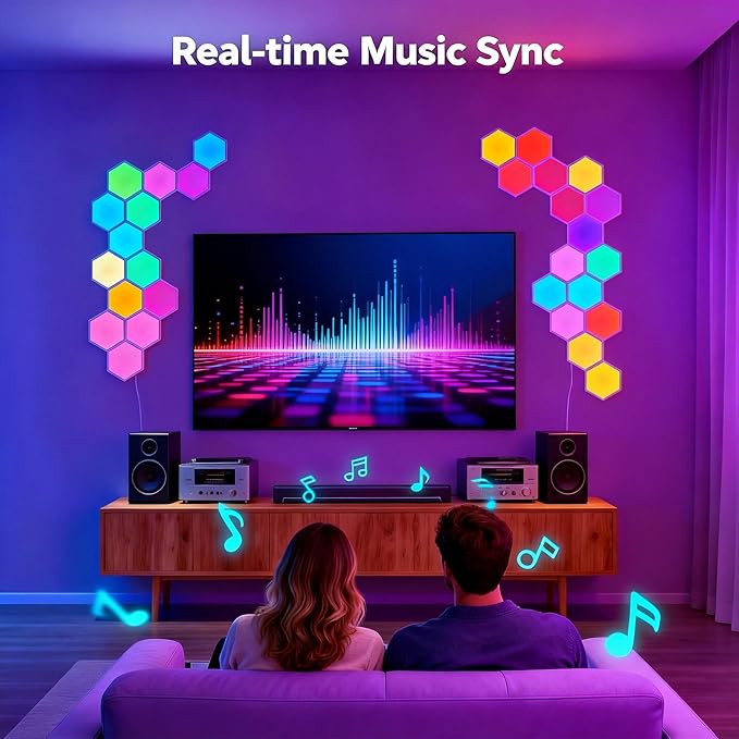 TISOFU Hexagon Lights (8 Pack) LED Wall Panels, RGB Gaming Lights with APP, Smart Modular Panel Hex Tiles Push Glide Expansion Shapes Light