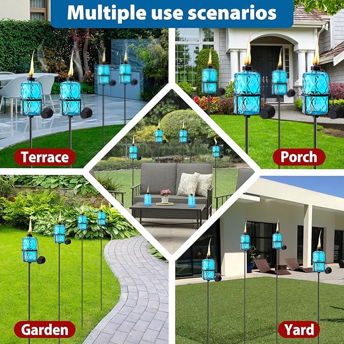 4 Pack Blue Glass Garden Torch 12 oz Outdoor Torch Garden Décor,60-Inch Upgraded Citronella Torches with 3-Prong Grounded Stake for Party Patio Pathway