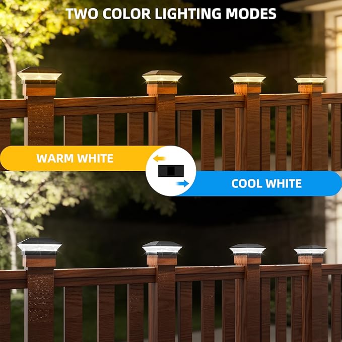 T-SUN Solar Post Cap Lights Outdoor 2 Pack, 2 Modes LED Fence Post Solar Lights Fit for 4x4 5x5 6x6 Vinyl/Wooden Posts, Waterproof Deck Post Lights Solar Powered for Garden Patio Gate Porch