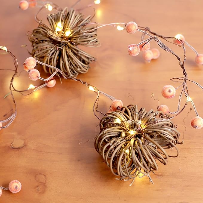 Nature Rattan Pumpkin Lights - 10FT 30 LED Cozy Fall Garland with Lights Battery Operated Charming Thanksgiving Decorations with Remote - Ideal Thanksgiving Garland Fall Decorations for Home
