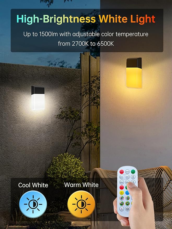 Outdoor Wall Lights, 1500LM RGBCW Smart LED Porch Lamp Sconces, IP65 Waterproof Exterior Lighting Fixtures, Modern Decor for Garage, House, Patio, Garden, Yard, Party