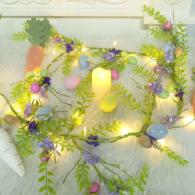 DR.DUDU 6 FT Easter Decorations for Home Lighted Easter Garland Artificial Egg Garlands with 20 LED Lights & Timer Spring Decor for Mantle Fireplace Table Door