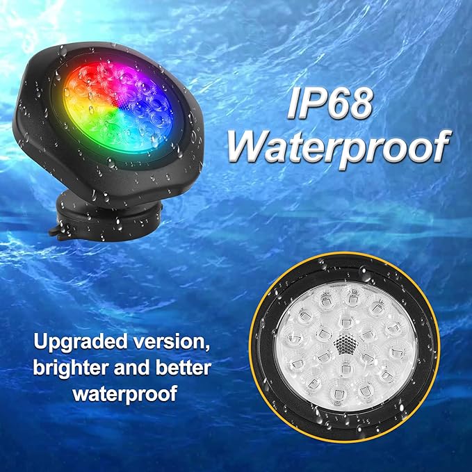 RGBW Pond Lights with Timer, 18 LED Super Bright Underwater Submersible Fountain Lights Color Changing Spotlights, Remote Control IP68 Waterproof for Fish Aquarium Tank Garden Pool (Set of 4)