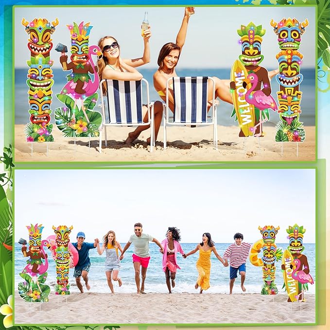 Bencailor 4 Pcs Hawaiian Outdoor Decorations Hawaiian Flamingo Yard Stake Signs with LED Light Large Tropical Beach Party Supplies Decor for Summer Outdoor Lawn Garden Stand Party Supplies