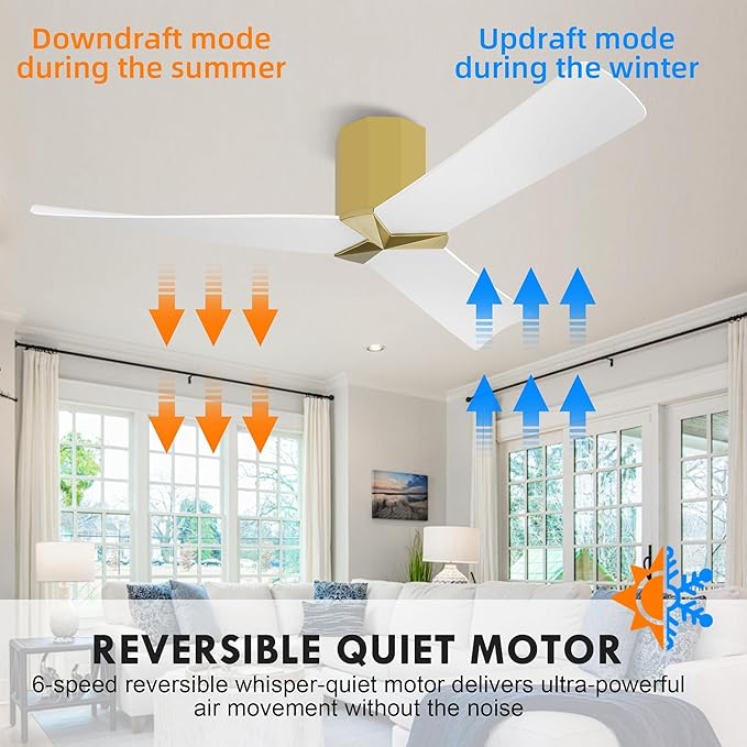 WINGBO 52" Ceiling Fan no Light - Brass and White DC Flush Mount Ceiling Fan, 3 ABS Plastic Curved Blades, 6 Speed Reversible DC Motor, Hugger Ceiling Fans No Light for Kitchen, Bedroom, Living Room