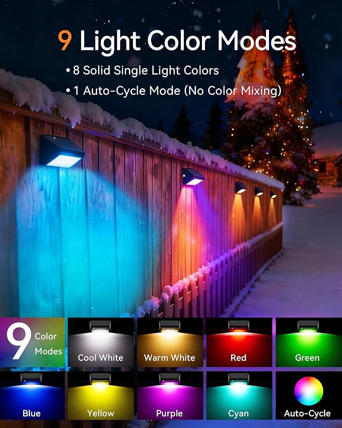 Solar Fence Lights Outdoor, 12 Pack Ultra-Bright 100 Lumens Fence Lights Solar Powered, IP65 Waterproof, 9 Color Modes, 12+ Hours Lighting Decor for Backyard/Patio/Deck/Wall/Pool