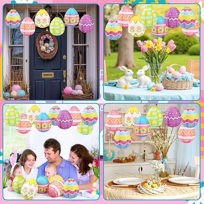 DECYOOL 12 Pieces Pastel Paper Lanterns, 6 Styles of Easter Egg Colorful Hanging Lantern Decor for Parties, Classroom Home Indoor Outdoor Celebrations