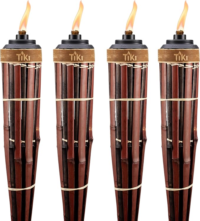 TIKI 60-Inch Bamboo Torches (4-Pack) – Natural Outdoor Torches with Easy Pour Canisters, Long-Lasting Fiberglass Wicks & Snuffers – Patio, Garden, Lawn & Backyard Decor – Walnut/Pecan Finish