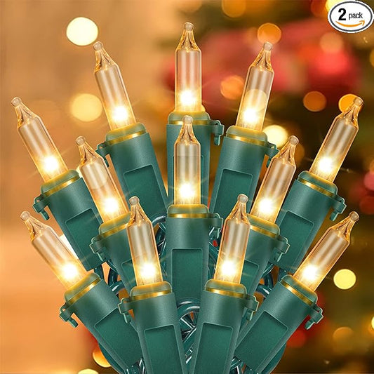 Hopolon Clear Christmas Lights Set 2 Pack 50 Count 13 Feet Incandescent Bulb Green Wire Mini String Lights for Indoor Outdoor Christmas Tree Garland Birthday Wedding Festival Decoration, Warm White