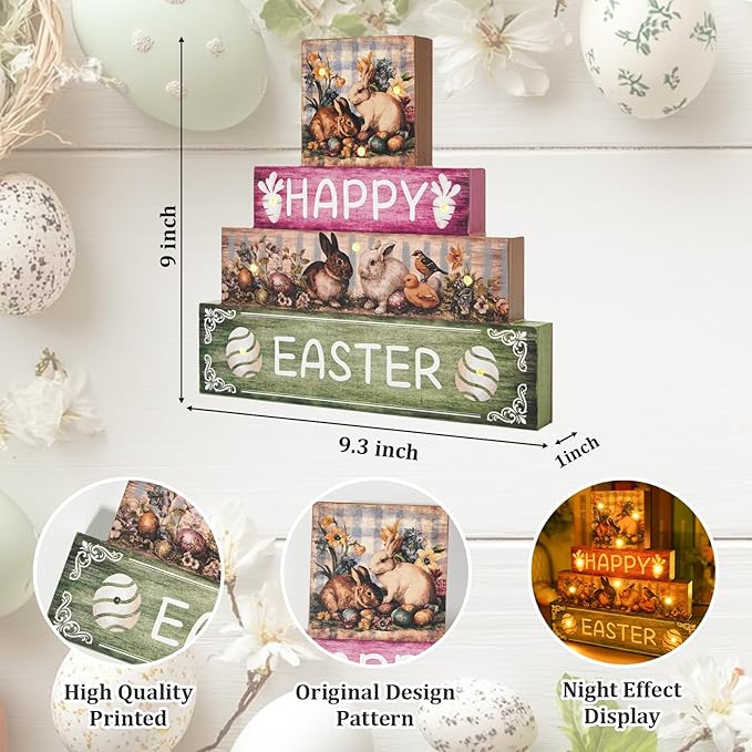 Vintage Easter Decorations Indoor - Led Bunny Retro Decor Light up Happy Easter Wooden Sign for Table Religious Home Office Indoor Decor 9 × 9 Inch