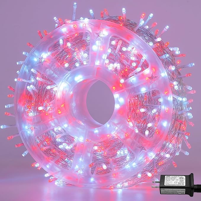 QITONG Red and White Valentine String Light Outdoor, 165ft 500 LED Clear Wire Christmas Lights Plug-in, 8 Modes Twinkle Xmas Light Indoor
