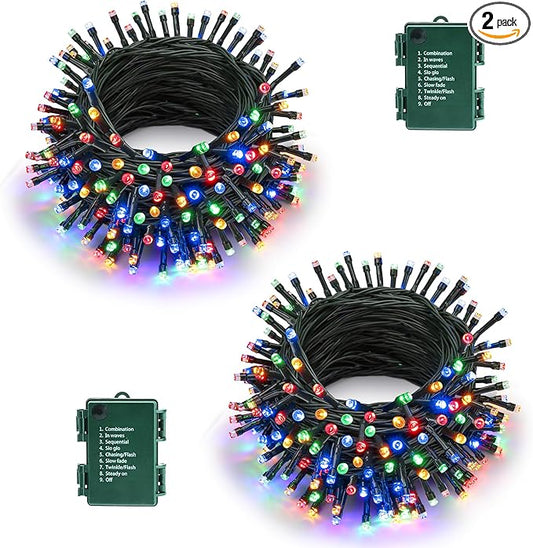 Battery Operated Christmas Lights - 2 Pack Total 33ft 100 LED Battery String Lights 8 Modes Waterproof with Timer for Home, Garden, Party, Holiday, Christmas Tree Decoration (Green Wire, Multicolor)