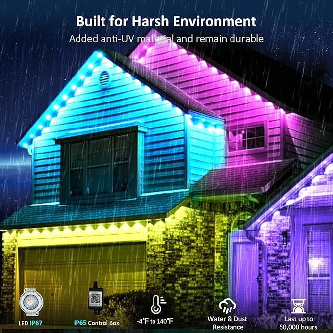 IVRICH 100FT Permanent Outdoor Lights, Smart RGB Eave Light with Color Changing, APP/Remote Control, IP67 Waterproof, Music Sync, Timer Function, for Christmas, Party, Holiday Decor