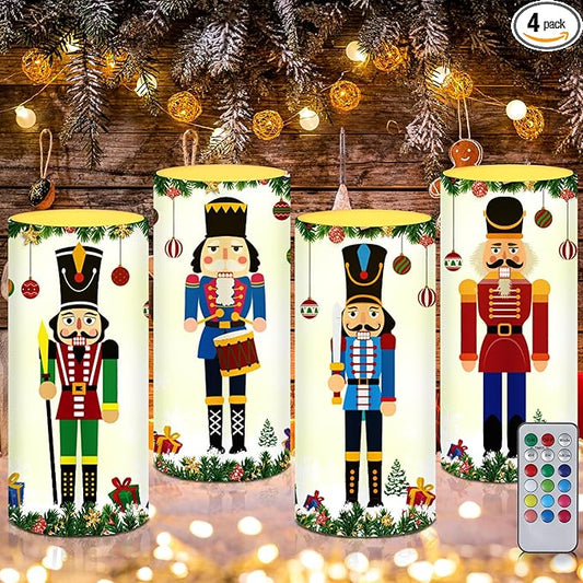 Tiamon 4 Pcs Nutcracker Christmas Flameless Candles Realistic Battery Operated LED Candles with Timer Remote Warm Light Flickering Pillar for Xmas Holiday Table Decorations