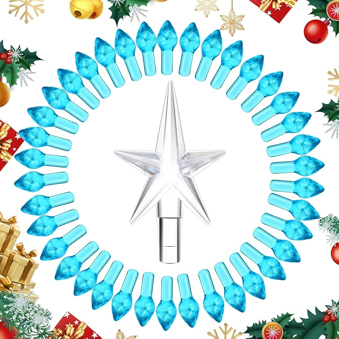 Boao 100 Pieces Ceramic Christmas Tree Bulbs and 5 Stars Replacement Plastic Bulbs for Ceramic Christmas Tree Decorations(3.8 mm Diameter,Blue)
