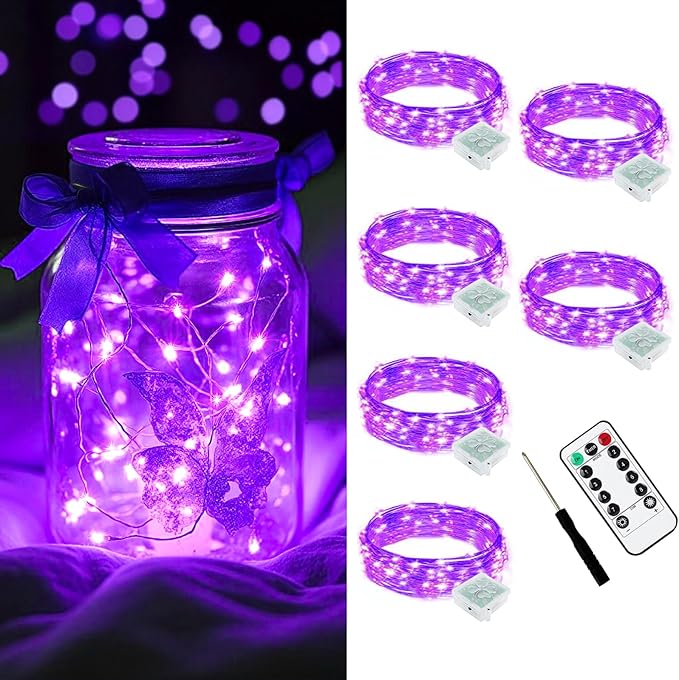 AIKEI 6 Pack LED Fairy Lights with Timer Battery Operated, Mini String Lights with Remote Waterproof 7ft 20 Led Firefly Starry Lighting for Wedding Party Bedroom Garden Christmas Decoration Purple