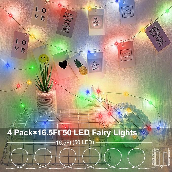 ZAIYW 4 Pack Fairy Lights Battery Operated, 16.5Ft 50LED Fairy Light with Remote Control Timer 8 Modes Twinkle Christmas String Lights for Indoor Outdoor Wreath Tree Party Gift Decor (Multicolor)