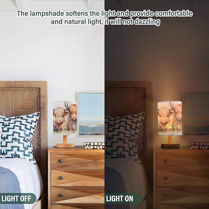 Bedside Table Lamp Cute Highland Cows Flower Nightstand Lamp with Wood Desk Lamps for Bedroom Living Room Nursery Office Home Decor