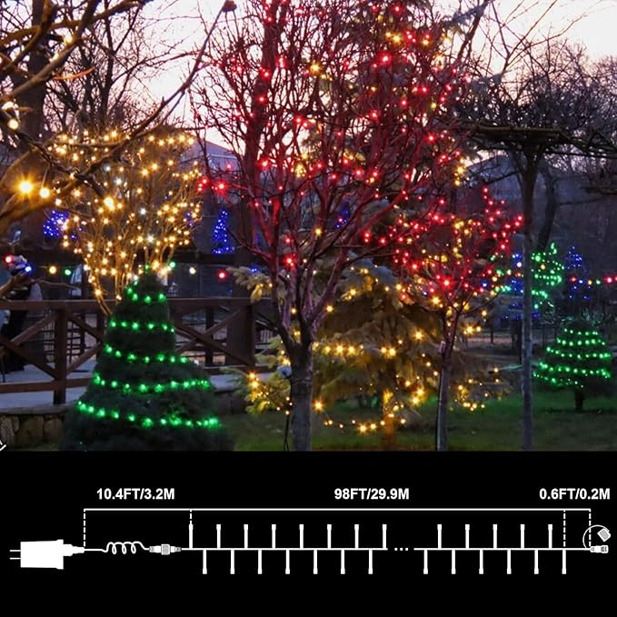 LAMPHOME Red Green Warm Christmas String Lights, 300 LED 99 FT Connectable Waterproof String Lights Green Wire with 16 Modes, Xmas Vintage Decorations for Indoor Outdoor Party Yard Garden Decor