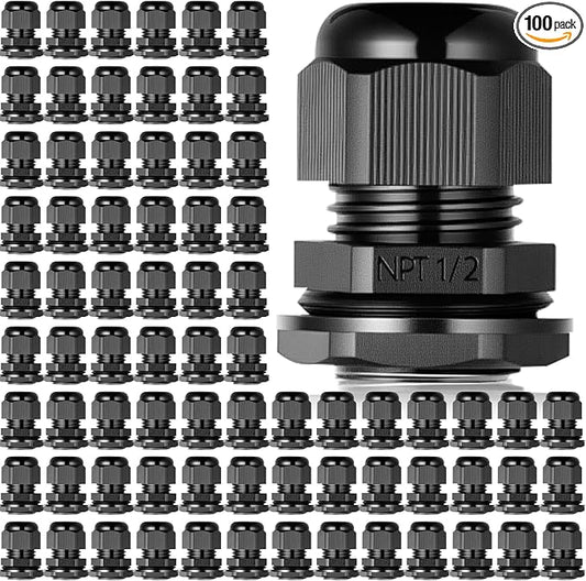 100 Pcs 1/2" NPT Black Nylon Cable Gland, Waterproof IP68 Adjustable Locknut Cable Diameter Waterproof Connectors Black Cord Grip