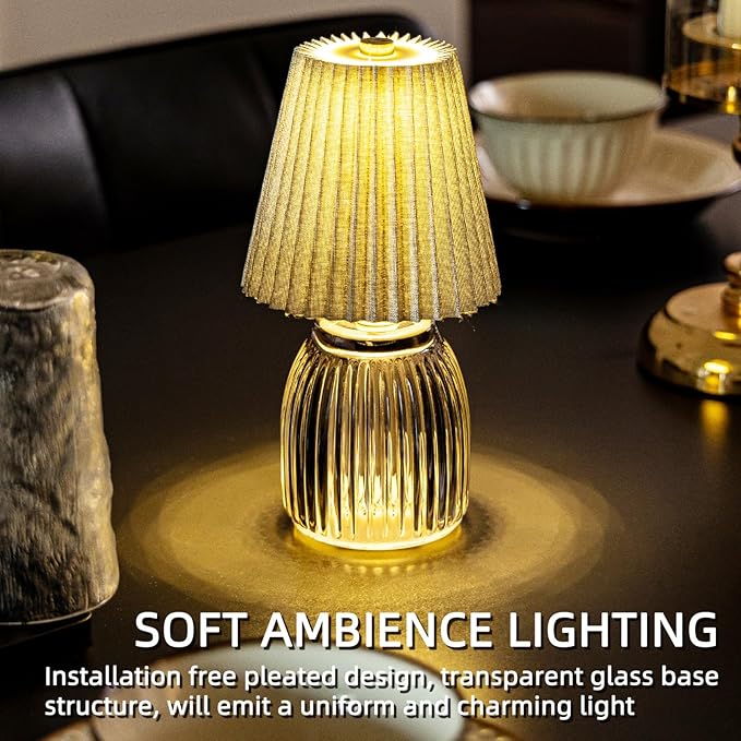 MJ PREMIER Small Battery Operated Lamp Cordless Lamp with Timer Pleated Lamps for Shelf Decor 8.7 inch High Battery Powered Lamps Emergency Light with Glass Base for Bathroom Livingroom Grey