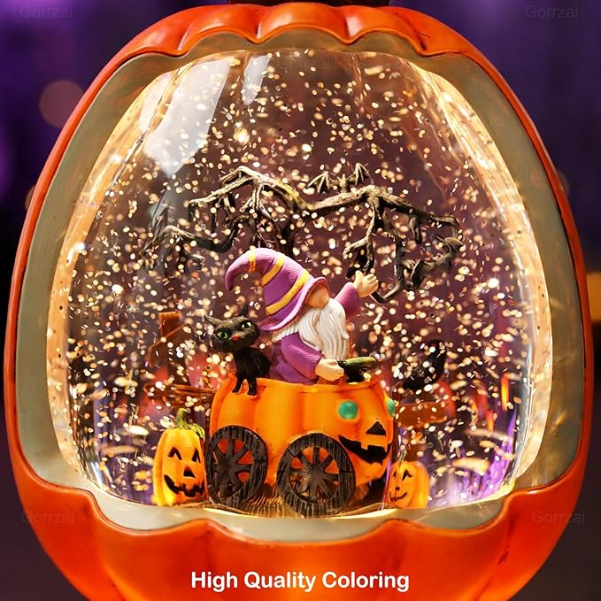 Halloween Snow Globe Lantern with Pumpkin Halloween Decorations Indoor for Home, Lighted Halloween Decor with Black Cat Gnome Timer Swirling Glitter, USB or Battery Operated