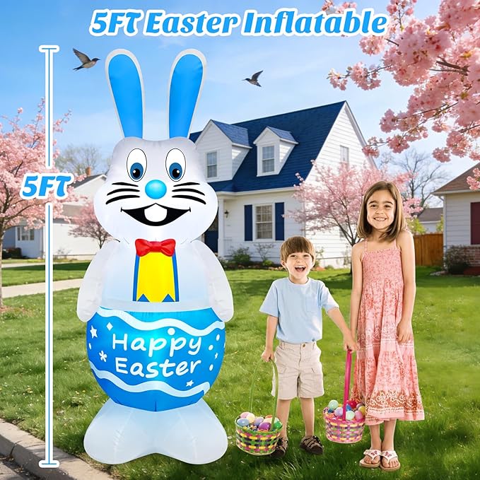 MICOCAH 5FT Tall Easter Inflatable Bunny Outdoor Decoration, Standing Cute Blow Up Blue Rabbit Yard Decoration with Colorful LED Lights, Spring Blowups for Lawn, Garden, Patio, Holiday, Party