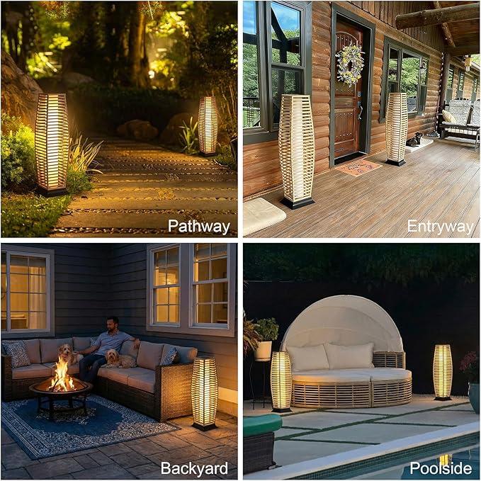 Rattan Outdoor Floor Lamp Set of 2, Boho Solar Porch Lights Outdoor Waterproof for Patio, Garden, Balcony & Deck, Natural (Horizontal)