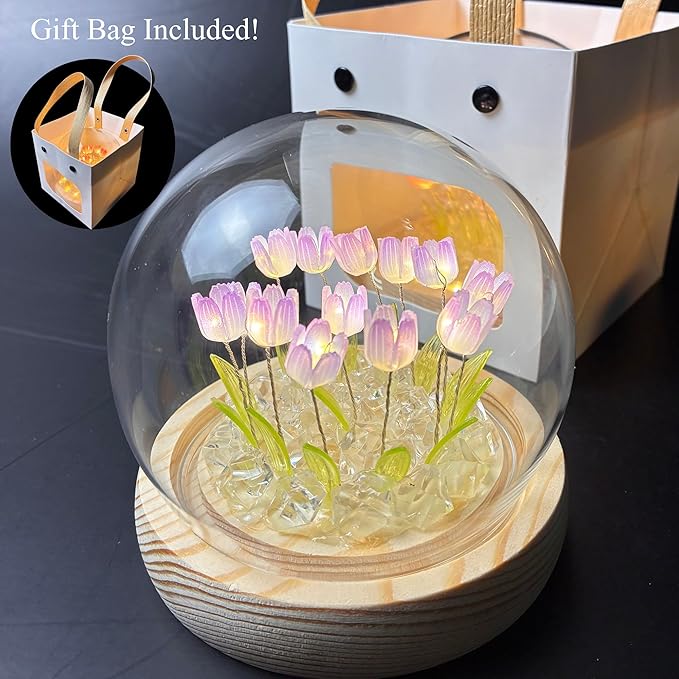 Tulip Lamp Glass Globe - Illuminated Flower Lamp with Glowing Blooms on Wooden Base - Battery-Powered Decorative Night Light for Bedroom, Living Room & Home Decor