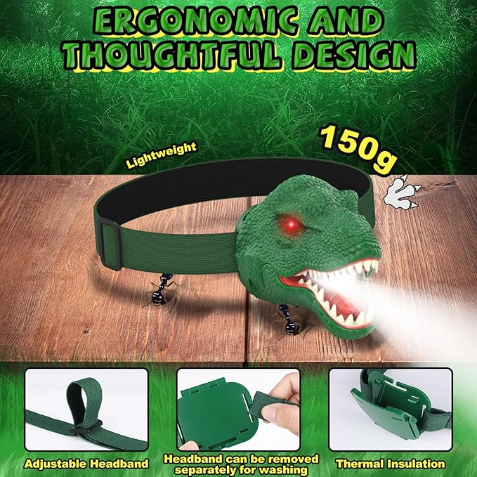 Dinosaur Headlamp for Kids Flashlight Led Headlights Roar & Silent Mode, T-Rex Dinosaur Toys for Kids 3-5 4-6 5-7 6-8, Camping Gear, Easter Gifts for Boys Girls Adults