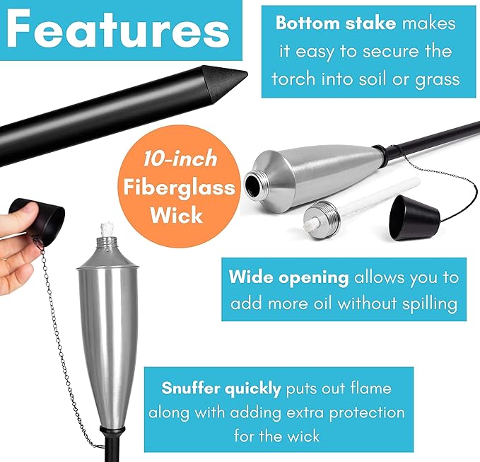 BIRDROCK HOME 60" Outdoor Torches - Durable Construction, Modern Design, Weather Resistant, Citronella Oil Compatible, Ideal for Backyards, Patios, Pathways - Garden Silver, 4 Pack